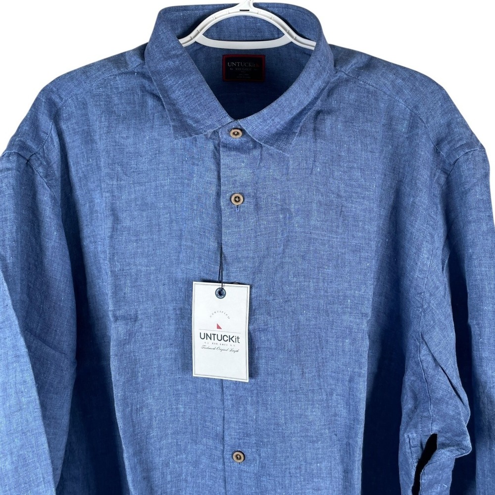 UNTUCKit‎ Ravines 100% Linen Button Up Shirt Mens XLT Regular Blue Long Sleeve